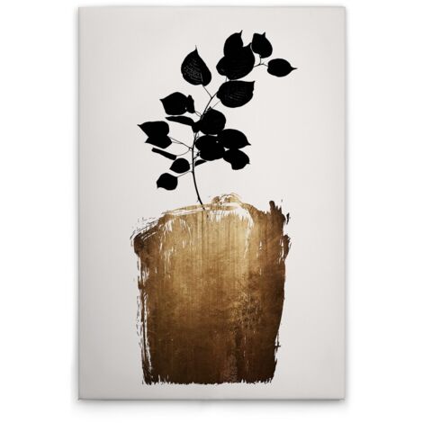 Leinwandbild Blätter Schwarz Gold M1-No.50707 - Kunstdruck auf Leinwand in Creme Gold - Wandbild 30 x 45 cm