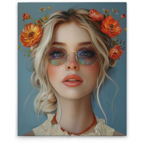 Leinwandbild Flowergirl M1-No.52279 - Kunstdruck auf Leinwand in Blau Orange - Wandbild 40 x 50 cm