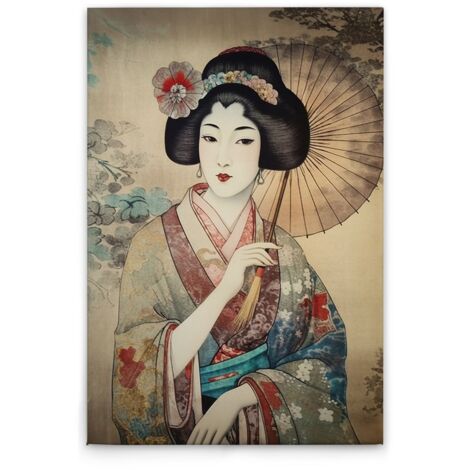 Leinwandbild Geisha Asia Vintage M1-No.52063 - Kunstdruck auf Leinwand in Bunt Beige - Wandbild 80 x 120 cm