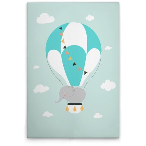 Leinwandbild Heißluftballon Kinderzimmer Elefant M1-No.51442 - Kunstdruck auf Leinwand in Grün Weiß - Wandbild 80 x 120 cm