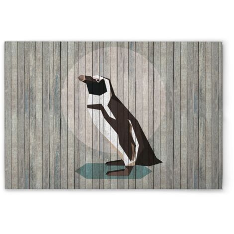 Leinwandbild Holzoptik Pinguin M1-No.50964 - Kunstdruck auf Leinwand in Grau Schwarz - Wandbild 90 x 60 cm