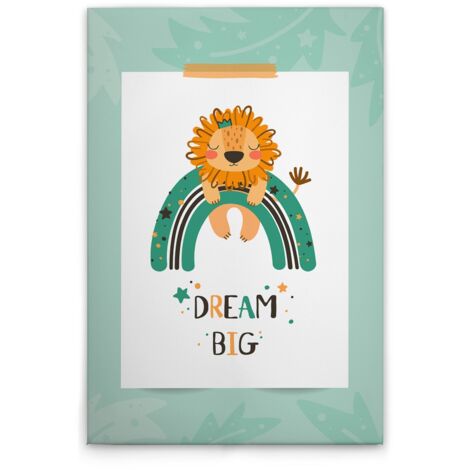 Leinwandbild Kinderzimmer Löwe mit Regenbogen M1-No.51376 - Kunstdruck auf Leinwand in Grün Weiß - Wandbild 30 x 45 cm