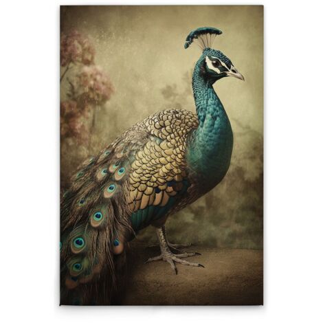 Leinwandbild Pfau M1-No.52252 - Kunstdruck auf Leinwand in Blau Beige - Wandbild 30 x 45 cm