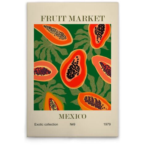 Leinwandbild Retroschild Papayas M1-No.51732 - Kunstdruck auf Leinwand in Beige Orange - Wandbild 80 x 120 cm
