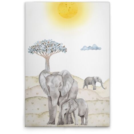 Leinwandbild Safari Elefanten M1-No.50602 - Kunstdruck auf Leinwand in Beige Blau - Wandbild 40 x 60 cm