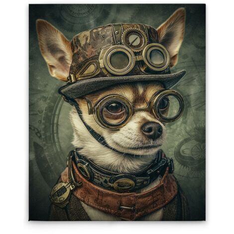 Leinwandbild Steampunk Hund M1-No.52270 - Kunstdruck auf Leinwand in Grün Braun - Wandbild 40 x 50 cm
