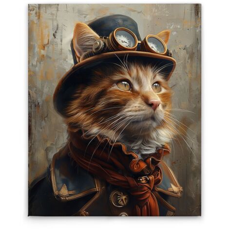 Leinwandbild Steampunk Katze M1-No.52271 - Kunstdruck auf Leinwand in Schwarz Beige - Wandbild 40 x 50 cm