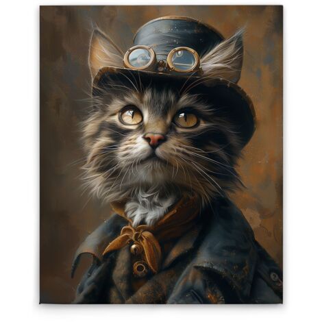 Leinwandbild Steampunk Katze M1-No.52272 - Kunstdruck auf Leinwand in Schwarz Gold - Wandbild 40 x 50 cm