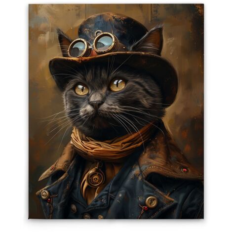 Leinwandbild Steampunk Katze M1-No.52273 - Kunstdruck auf Leinwand in Schwarz Gold - Wandbild 40 x 50 cm