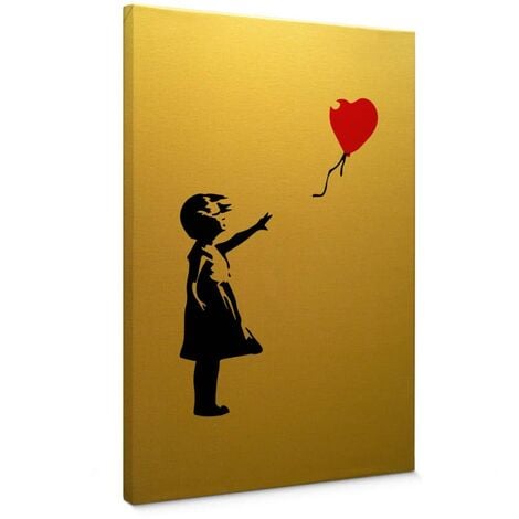 Vintage Goldeffekt Leinwandbild Holz Keilrahmen Banksy Graffiti Girl red balloon Shabby Chic Gold Effekt