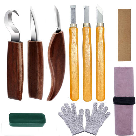 LEISEI 10Pcs Outils Sculpture sur Bois Kit, Acier Carbone Kit avec 3 Ciseaux à Bois, 3 Couteau Sculpture Bois, Gants,Sac Rangement, Professionnel Outillage Bois Sculpter