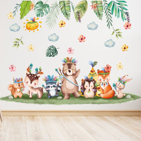 LEISEI 3090cm Muraux Animaux Jungle Autocollants Muraux Mural Stickers Éléphant Lion Singe Safari pour Chambre Enfants Bébé Pépinière