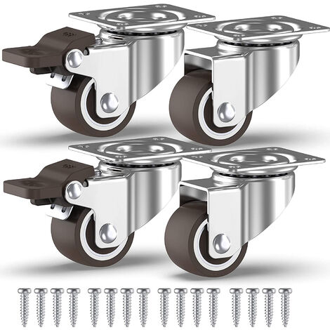 LEISEI 4 Roulettes Pivotantes Pour Meubles dont 2 avec Frein + Vis - 25mm Jusqu'à 44KG - Mini Roulette Sans Traces au Sol pour Charge Lourde - Roue en Caoutchouc pour Chariot- Argentées