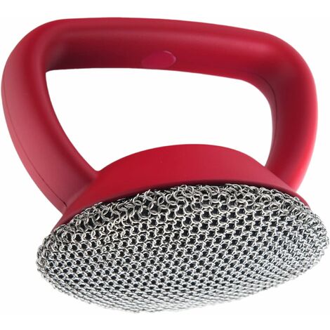 LEISEI Brosse à récurer en cotte de mailles, nettoyeur de vaisselle en maille dense en acier inoxydable avec poignée en silicone antidérapante (rouge)