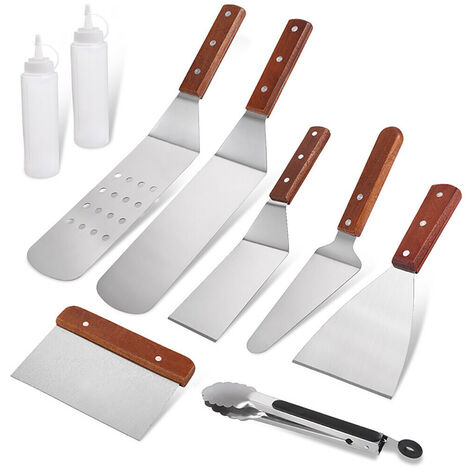 LEISEI Kit d'accessoires pour barbecue 9 pièces - Spatules professionnelles pour barbecue en acier inoxydable - Idéal pour teppanyaki, griller et griller