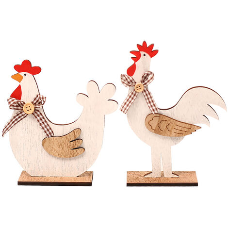 LEISEI Lot de 2pcs statues en bois rustique poule et coq-Décoration sculptée de maison-Sculpture d'animaux-13x11,5x4cm/16,5x11x4cm
