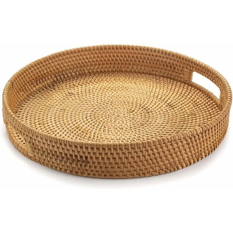 LEISEI Plateau de Service Rond en Rotin, Plateau de Service en Osier avec Poignées Découpées, Panier de Service Tressé Fruits/Pain, 30 cm