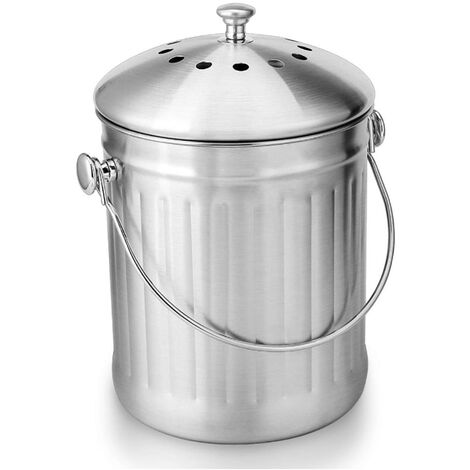 LEISEI Seau Compost Inodore en Acier Inoxydable pour Cuisine - Poubelle Compost Cuisine - Comprend Filtres à Charbon de Rechange (INOX Brillant, 5 litres)