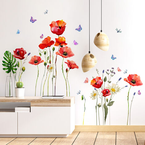 LEISEI Sticker mural coquelicot fleur rouge Stickers muraux plantes papillon Stickers muraux chambre salon cuisine décoration murale