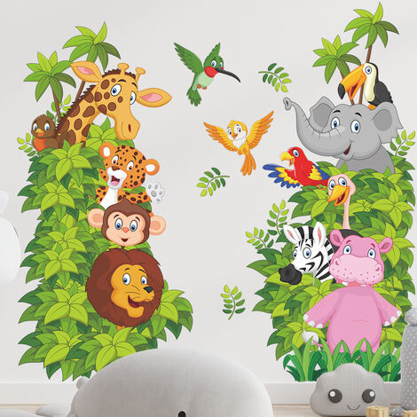 LEISEI Stickers Mural Animaux de la Jungle Autocollants Muraux Animaux Dessin Animé Stickers Muraux Eléphant Singe Girafe Lion pour Chambre de Bébé Pépinière D'enfant Décoration Murale De La Maison