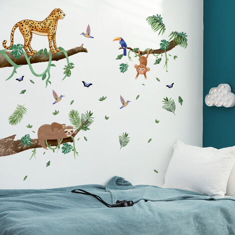 LEISEI Stickers Muraux Animaux de la Jungle Arbre Autocollants Muraux Mural Stickers Singe Lion pour Chambre Enfants Bébé Pépinière