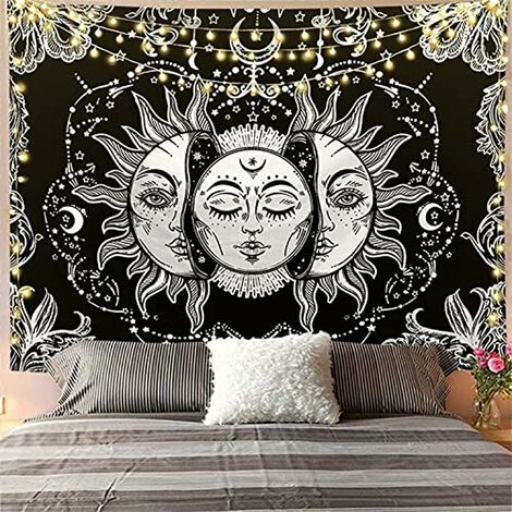 LEISEI Tapisserie Murale Lune & Soleil Tissu Murale Nature Decoration Chambre Tenture Murale Boheme Toile Murale Mandala Psychédélique Tapisserie Japonaise pour Salon Dortoir (Noir et Blanc, 130x150cm