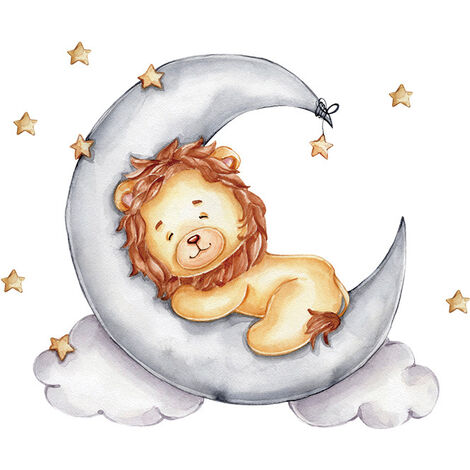 LEISEI Un lot de Stickers muraux enfants-Decoration pour chambre de bébé motif petit lion sur la lune- Autocollant mural