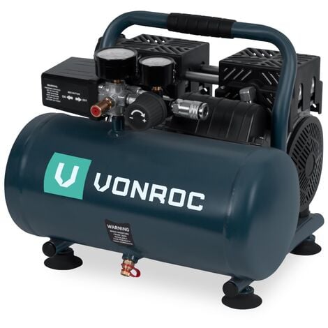 VONROC Leiser Luftkompressor – Ölfrei – 750 W – 1 PS – 128 l/min. - 6-Liter-Tank – 8 bar – 57,5 dB(A) – Grau