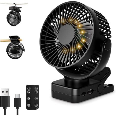 Leiser USB-Tischventilator mit 12000-mAh-Akku, Clip mit Fernbedienung, kabelloser Mini-Ventilator mit Licht und Timer, 360°-Drehung, 3 Windgeschwindigkeiten, lange Akkulaufzeit