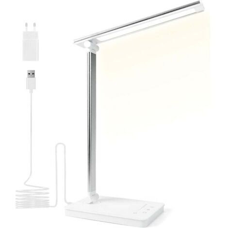 Leistungsstarke 15-W-LED-Schreibtischlampe – 3 Farbmodi & 10 Helligkeitsstufen – Touch-Bedienung – Augenschutz – Leselampe mit USB-Anschluss und Timerfunktion (Silber) [Energieeffizienzklasse]