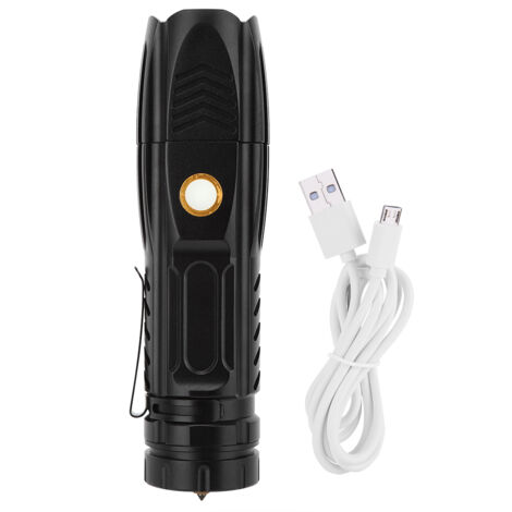 Leistungsstarke P90 LED-Taschenlampe, Teleskopzoom, wasserdicht, USB-Ladefunktion, Stiftclip und Sicherheitskegel, Schwarz