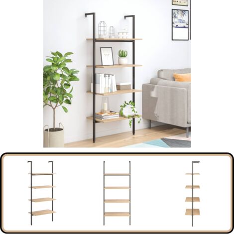 Leiterregal mit 4 Böden Hellbraun und Schwarz 64x35x152,5 cm - Bücherregal - Wandregal - Aufbewahrung - Dekoration - Wohnen