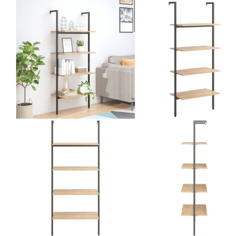 Leiterregal mit 4 Böden Hellbraun und Schwarz 64x35x152,5 cm - Bücherregal - Wandregal - Aufbewahrung - Dekoration - Wohnen - Home & Living