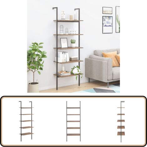 Leiterregal mit 5 Böden Dunkelbraun und Schwarz 64x35x185 cm - Bücherregal - Wandregal - Aufbewahrungssystem - Regal Schwarz Braun - Stehregal