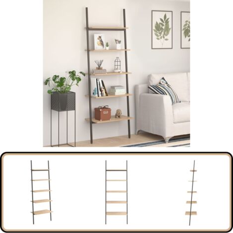 Leiterregal mit 5 Böden Hellbraun und Schwarz 64x34x185,5 cm - Bücherregal - Wandregal - Aufbewahrung - Dekoration - Wohnen