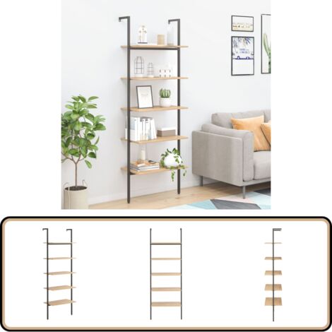 Leiterregal mit 5 Böden Hellbraun und Schwarz 64x35x185 cm - Bücherregal - Regal - Wandregal - Aufbewahrung - Dekoration