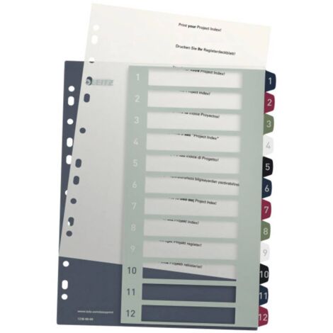 Leitz 1238 Style Divisore DIN A4 1-12 Polipropilene Multicolore 12 schede extra largo, etichettabile con PC 1238-00-00