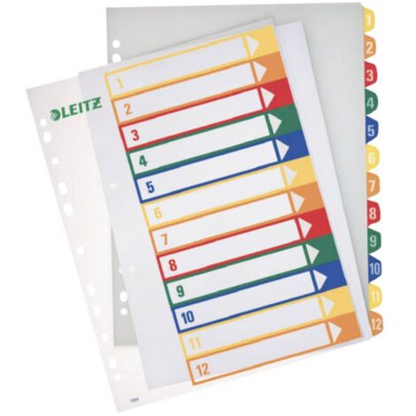 Leitz 12940000 Divisore DIN A4, Fuori misura 1-12 Polipropilene Multicolore 12 schede etichettabile con PC 12940000