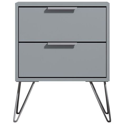 IQGB Lekne Grey 2 Drawer Bedside Cabinet Table.Silver Hairpin Legs.14cm Deep Drawers.