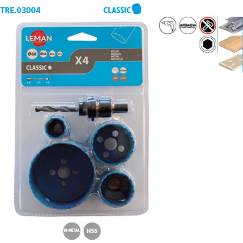 LEMAN  - 4 tr&eacute;pans bim&eacute;tal hss avec mandrin foret et adaptateur - 3004