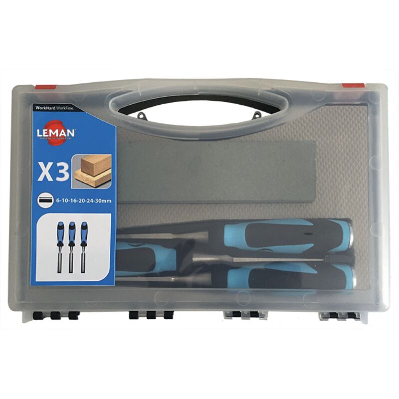 Leman - Coffret de 3 ciseaux à bois manche bi matière + 1 pierre - 780.500.03