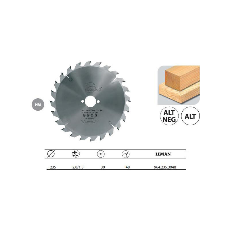 

Hoja de sierra circular para máquinas portátiles 235x30x48z Alt Wood - 964.235.3048 - Leman