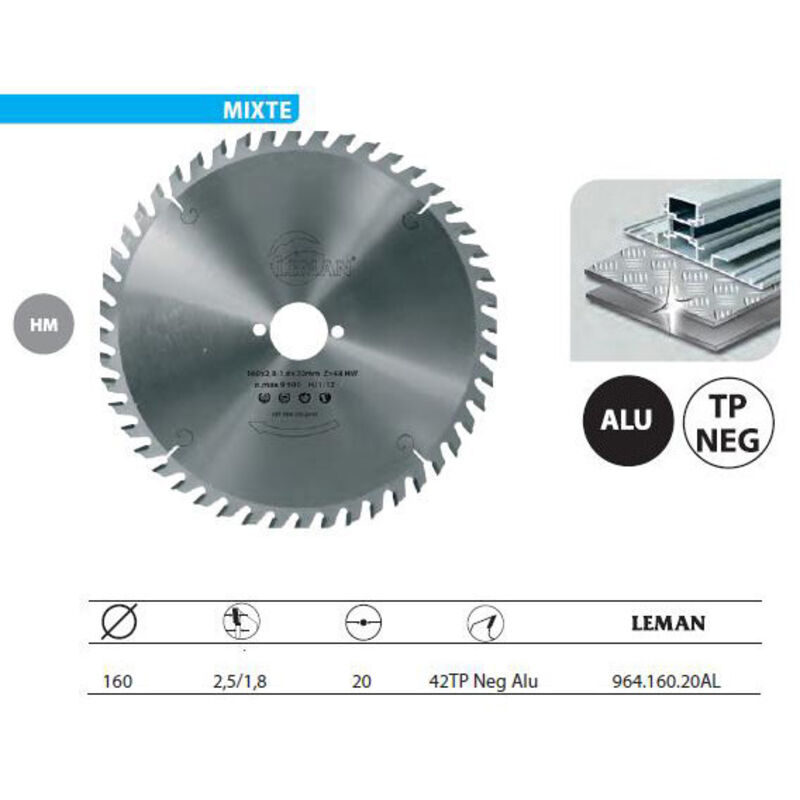 LEMAN  - Lame carbure pour machines portatives &Oslash;160x20x42z TP Neg Alu - 964.160.20AL
