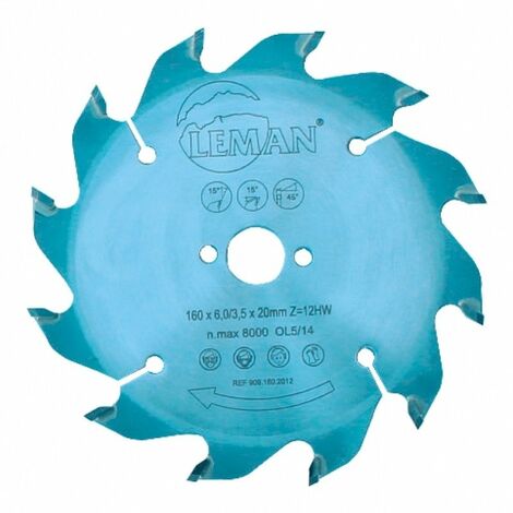 Leman – Lame de scie circulaire carbure 160mm – Rainurage V90° – Alésage 20mm – 12 dents – Épaisseur 6,0/3,5mm pour coupes précises
