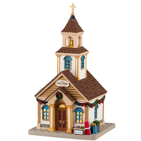 Lemax – Église illuminée The New Village Church – Dimensions 12x13x23,5 cm – Porcelaine avec alimentation 4,5V – Décoration de Noël