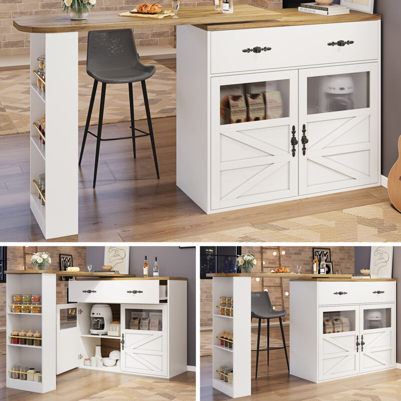 LEMONBEST Îlot de cuisine/bistrot mobile et extensible (138-204 cm),table bar avec plateau tournant 360°, rangements intégrés,blanc