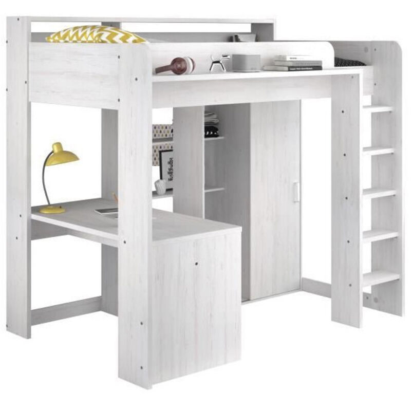 Les Tendances – Lit mezzanine blanc 90 x 200 cm – Panneau de particules décor Pin Petterson – Échelle d'accès incluse – Bureau et armoire intégrés Les Tendances – Lit mezzanine blanc 90 x 200 cm – Panneau de particules décor Pin Petterson – Échelle d'accès incluse – Bureau et armoire intégrés