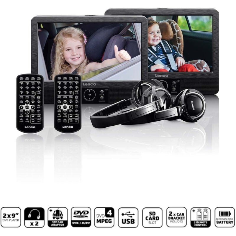 Lenco DVP-939 - 9-Zoll-Bildschirm-DVD-Player mit Display, 2 USB-Kopfhörer, SD/MMC, 2 Fernbedienungen, 2 Kopfstützenhalterungen, 2 Netzteile, Schwarz