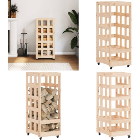 Leñero con ruedas madera maciza de pino 40x49x110 cm - Almacenamiento de leña - Leña seca