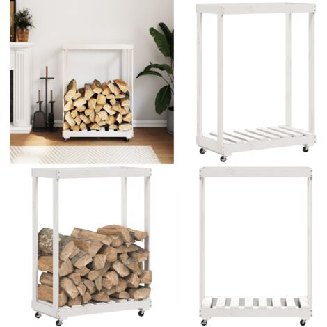 Leñero con ruedas madera maciza de pino blanco 76,5x40x108 cm - Almacenamiento de leña - Leña seca